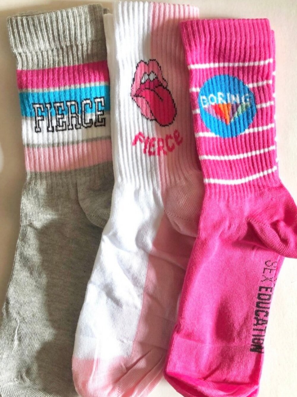Netflix "Sex Education" 80s Style Pop Art Crew Socks Pink Multicolor